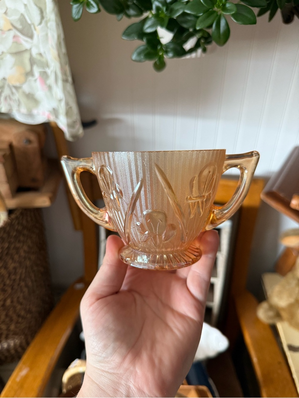 Depression Glass Peach Carnival Two-Handled Sugar Bowl